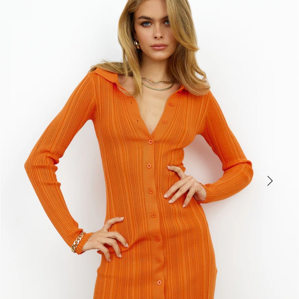 Pure Heat Orange Button-Up Ribbed Dress